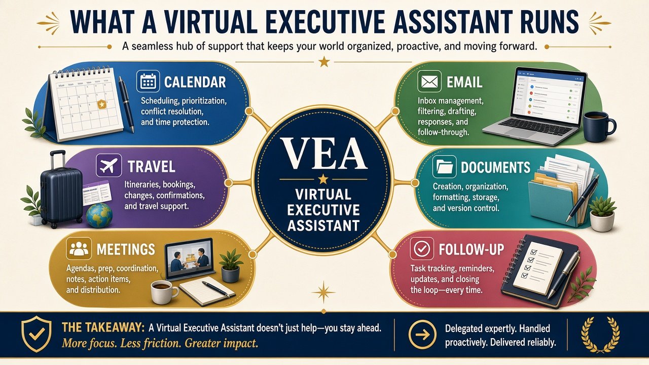 Infographic mapping virtual executive assistant tasks across calendar, email, travel, documents, meetings and follow-up