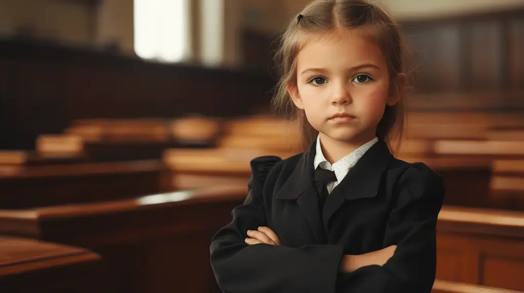 A young girl dressed as a criminal defense lawyer and standing in a courtroom.