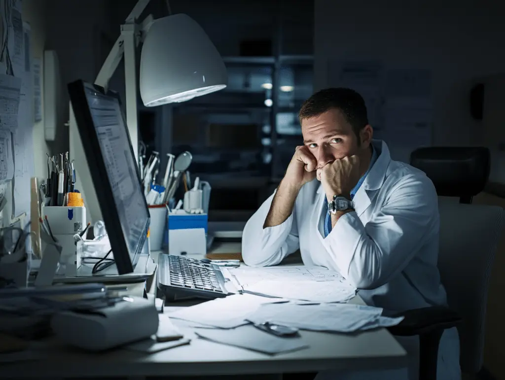 A male dentist working on his computer at his medical practice late at night and very stressed.