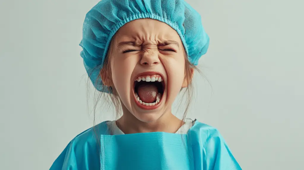 A young girl dressed up as a dentist and crying.