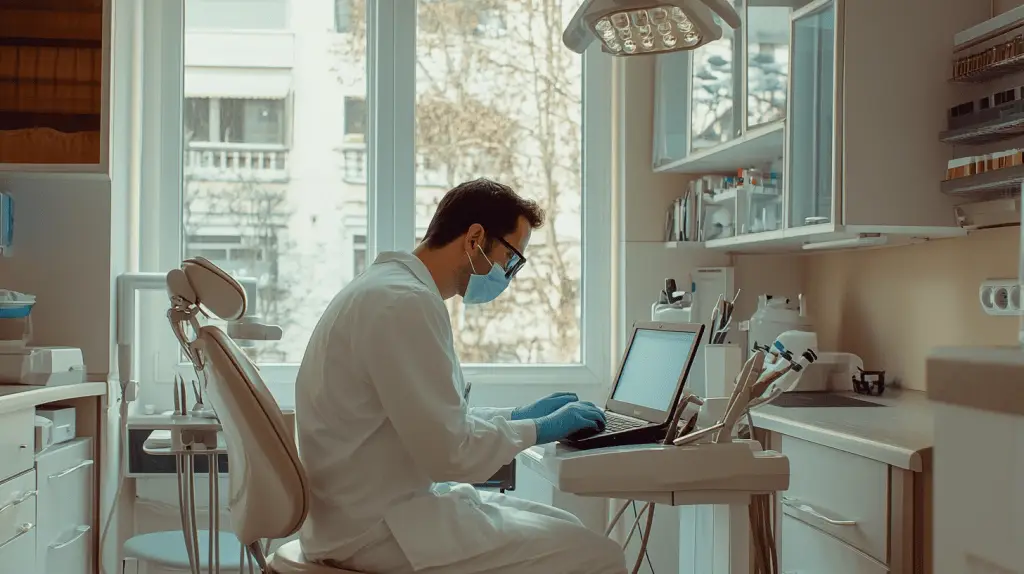 A Dentist working on his dental practice SEO on his laptop.