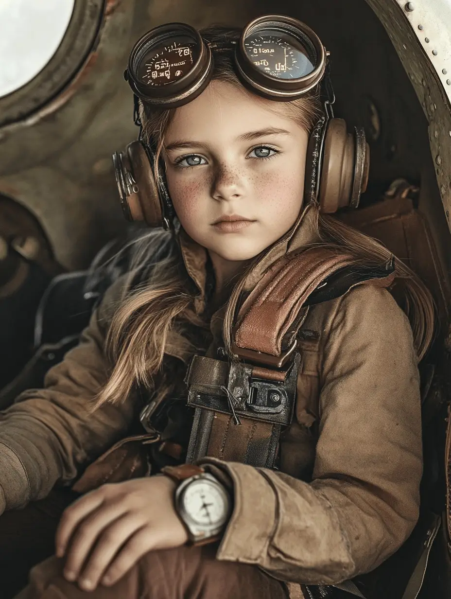 An advertising image showing a young girl wearing aviator clothes and wearing a wrist watch.