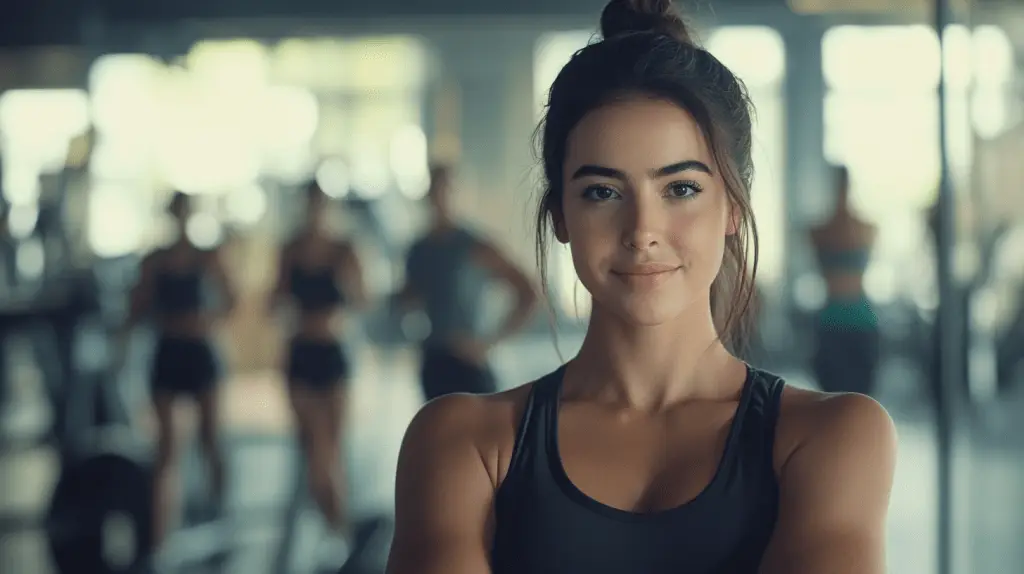 A gym instructor standing in a busy fitness class.
