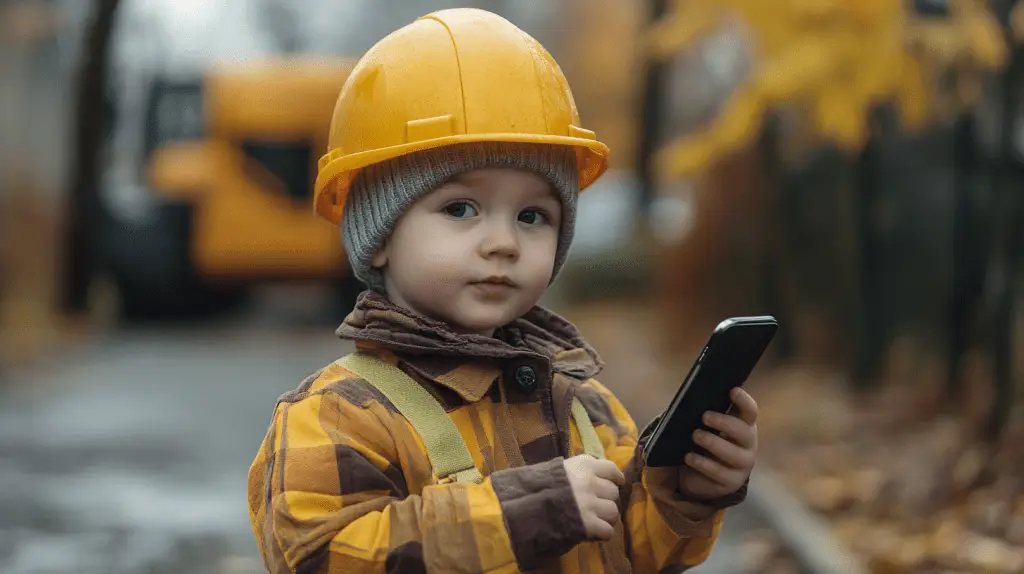 A young child dressed up like a builder holding a mobile phone.