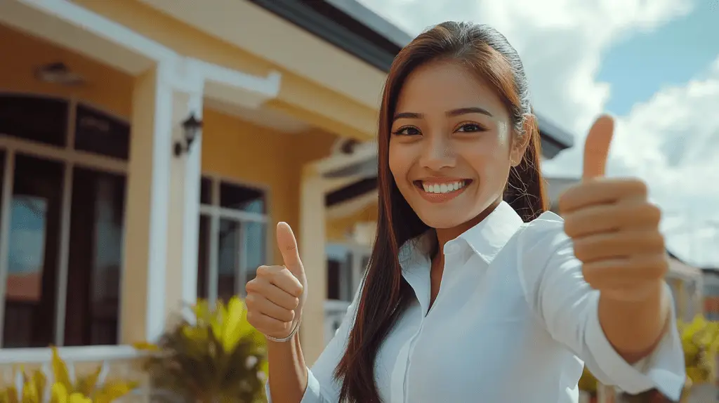 A real estate agent standing in front of a house and giving two thumbs up.