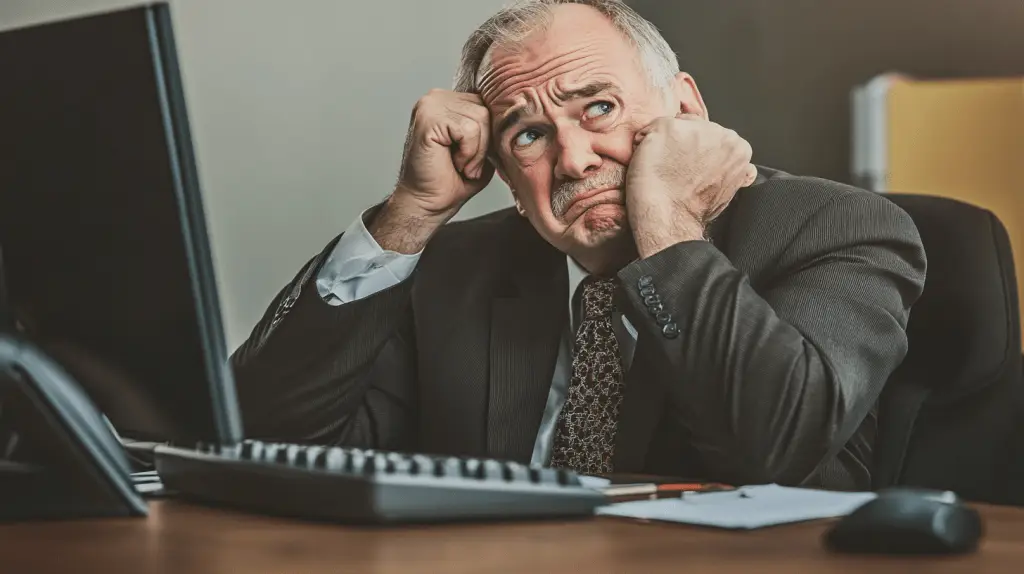 An old accountant sitting at his desk and frowning wearing a suit.
