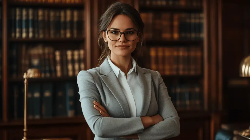 A Lawyer standing in her Law Firm and smiling at the camera.