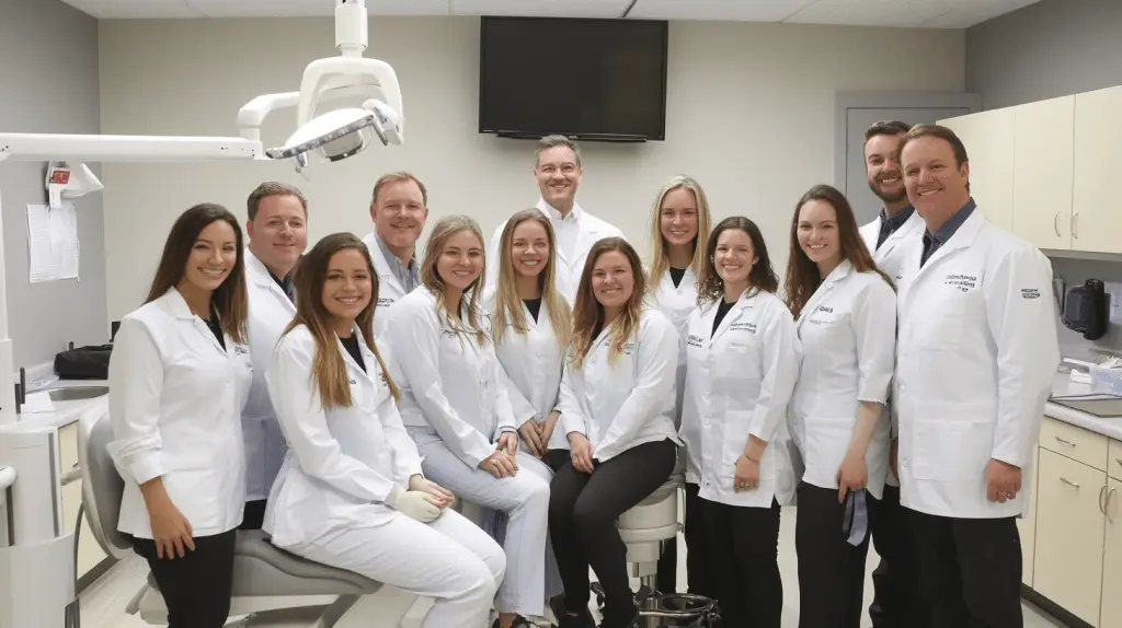 A group of dentists in their clinic posing for a team photo.
