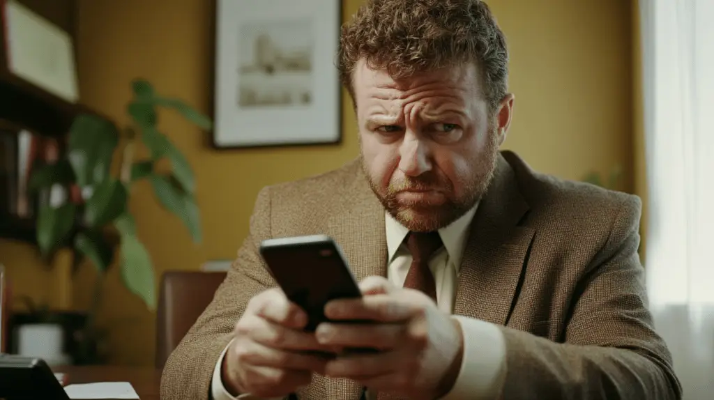 A Real-Estate Agent looking at his mobile phone frowning.