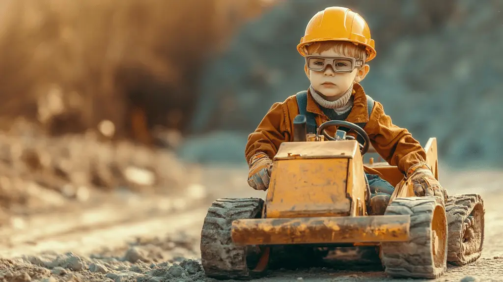 A young boy dressed up as a builder and driving a miniature bulldozer.