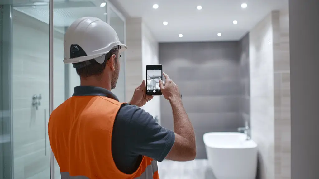 A tradesperson standing in a new bathroom taking a photo using his mobile phone.