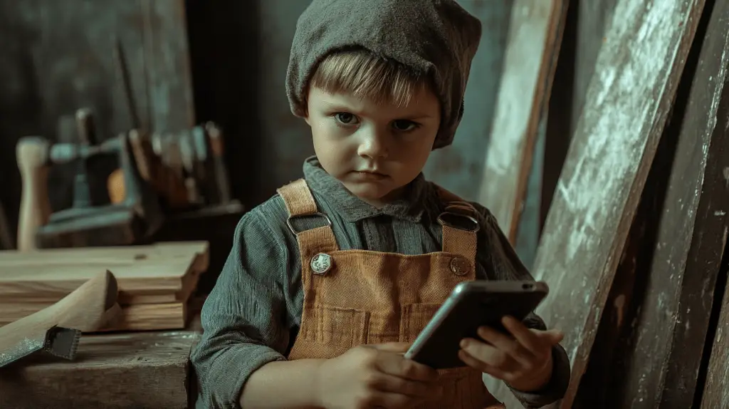 A young boy dressed up as a carpenter and holding a mobile phone.