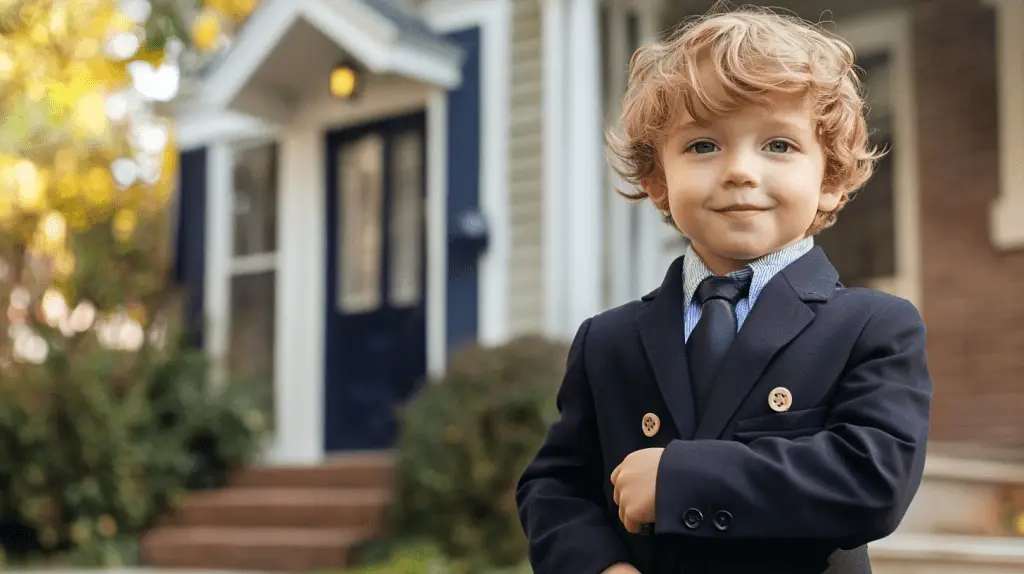 A young boy dressed in a suit as a real estate agent standing outside a house he just sold.