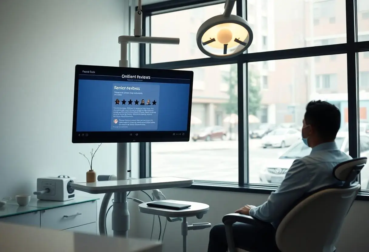 A dentist sitting in his clinic and analysing online reviews he has received on a computer.