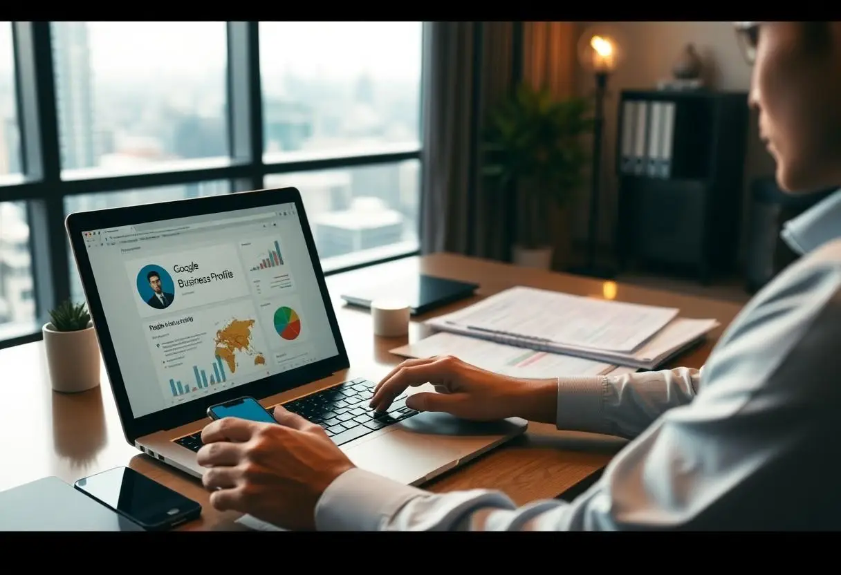 An accountant in his office working on his Google Business Profile on his laptop.