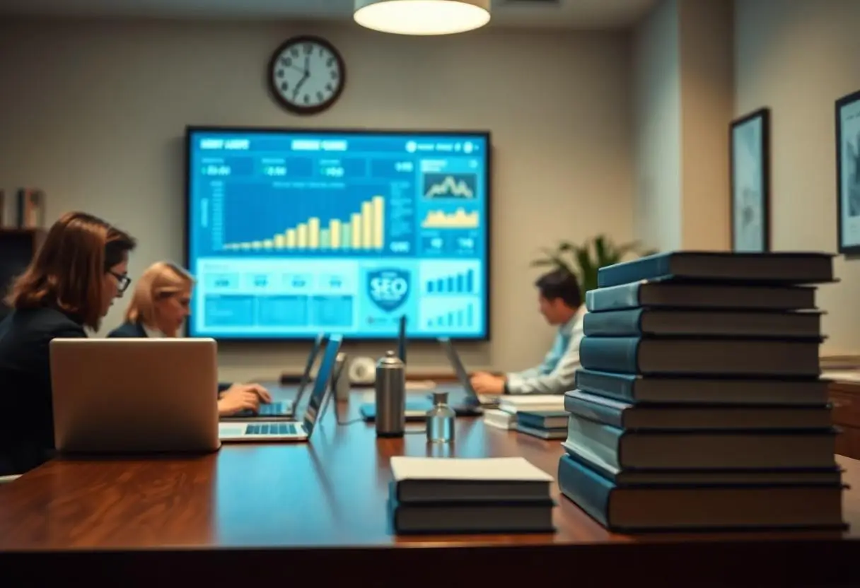 Lawyers discussing their SEO in their office.