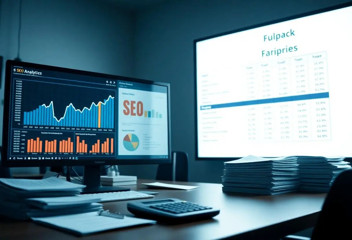 SEO analytics showing on a computer screen in an accountants office.