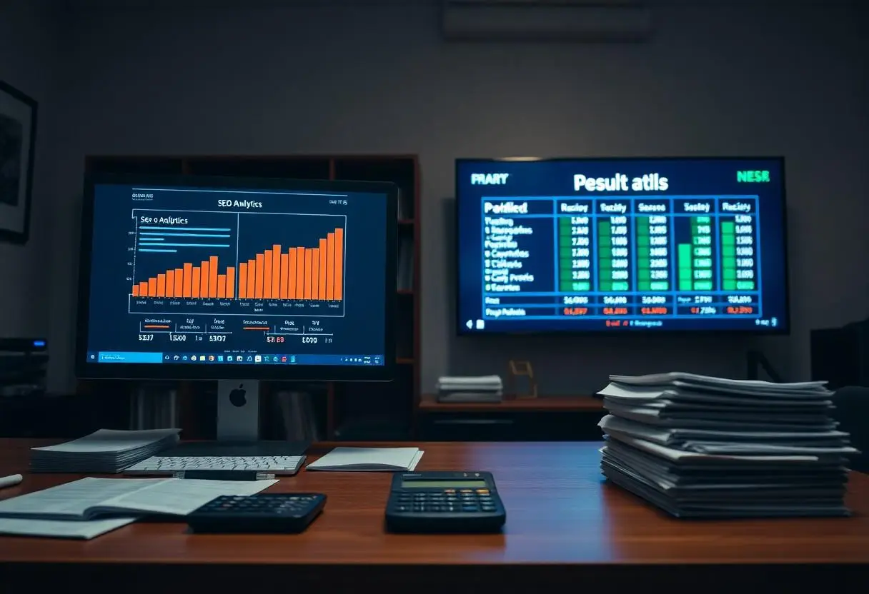 Computers showing a comparison between SEO results and Paid Advertising results.