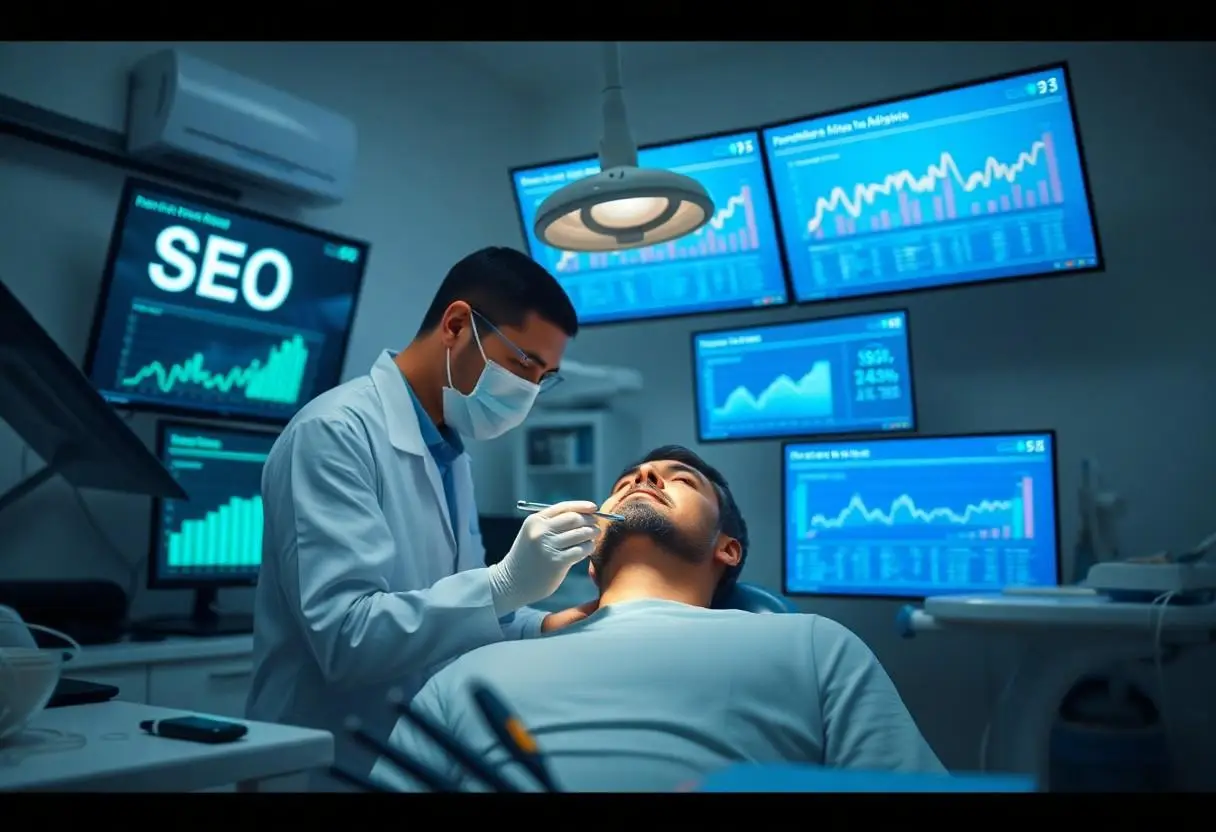 A dentist in his clinic with technical seo on the screens in the background
