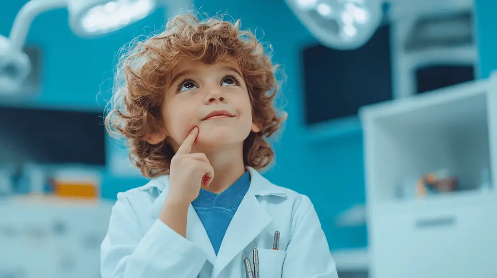A young boy dressed up as a dentist and standing in a dental clinic.