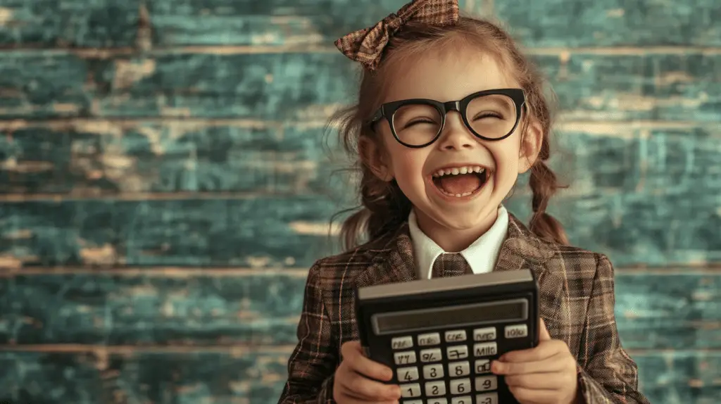 A young girl dressed up as an accountant and laughing.