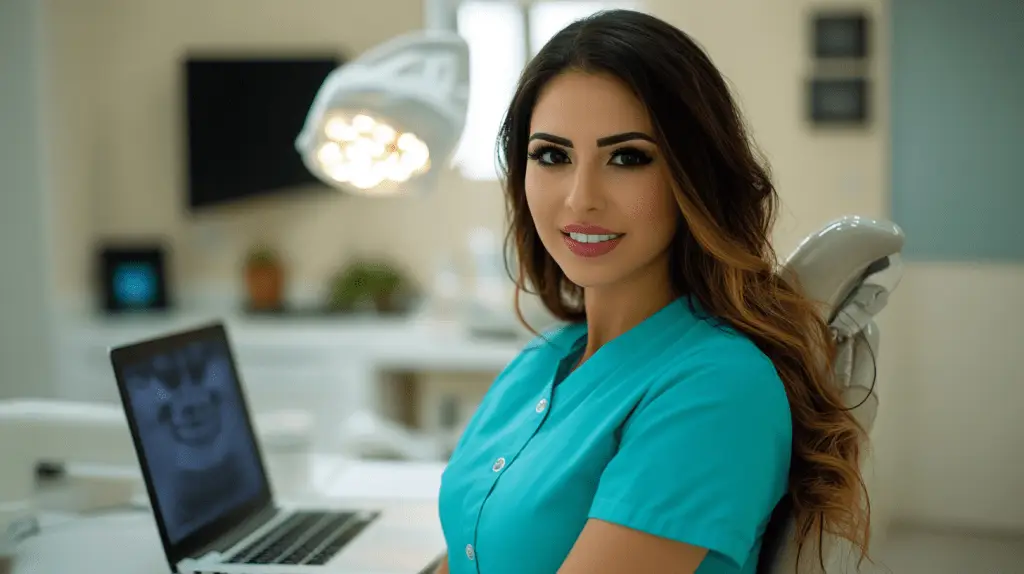 A Dentist at her dental clinic writing a blog on her laptop to rank higher on google.