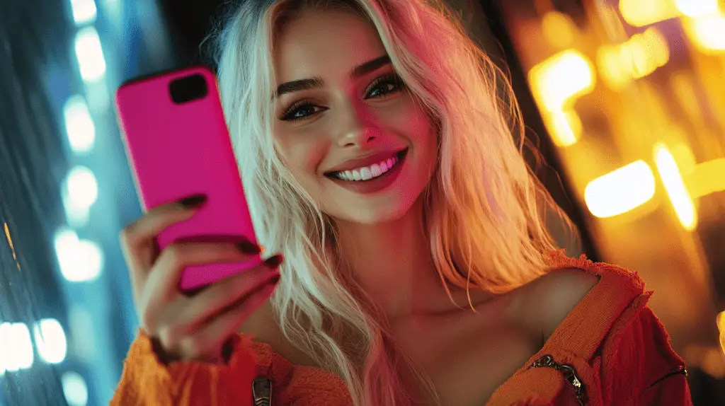A woman holding her mobile phone and using social media.