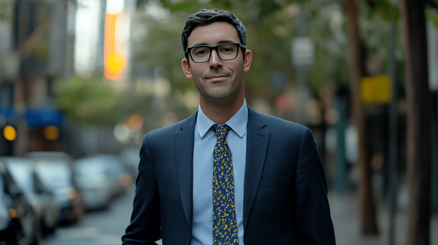 A commercial lawyer standing in the street in Docklands, Melbourne.