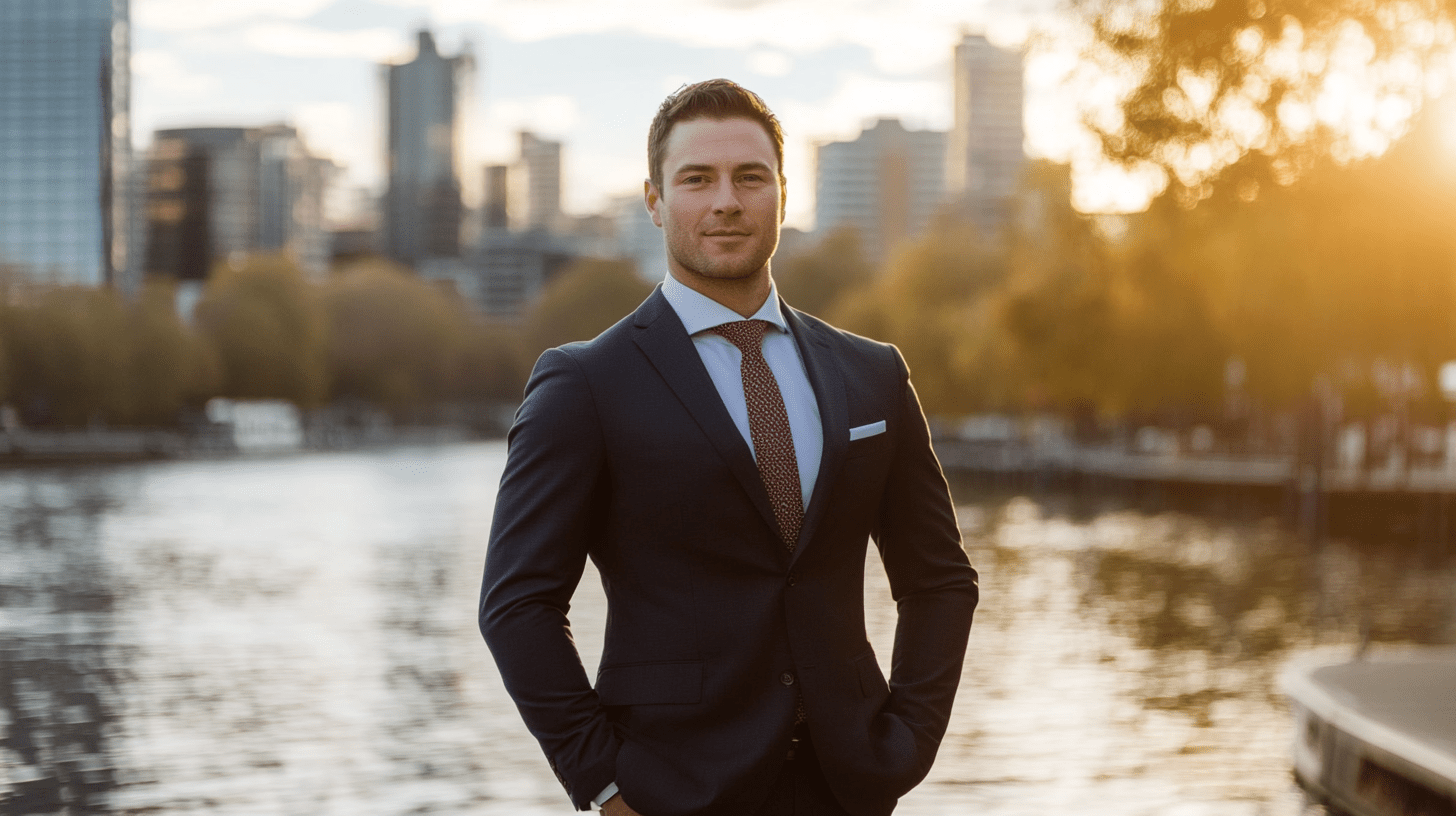 A commercial lawyer standing on the banks of the Yarra River in Melbourne.