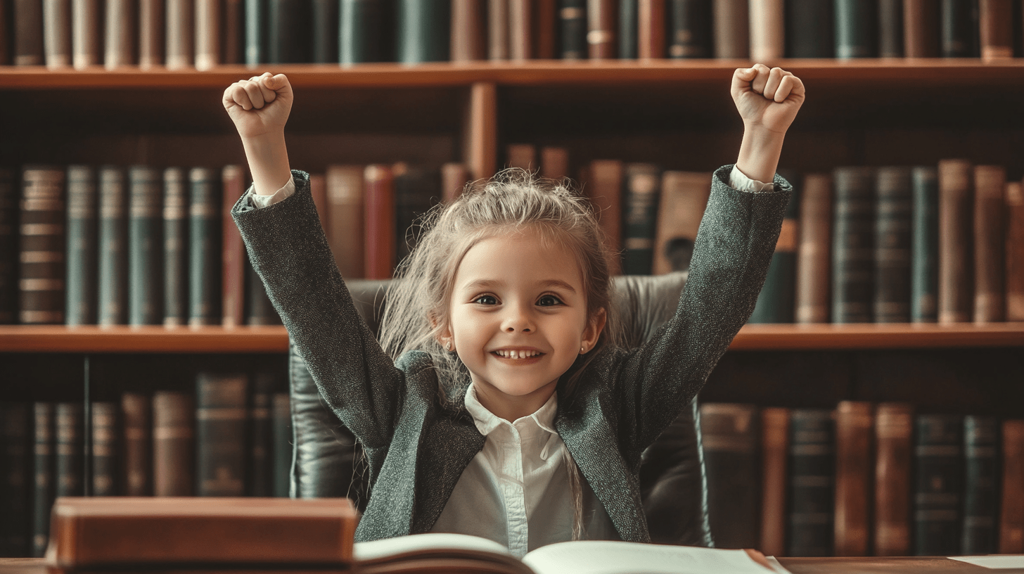 A young girl dressed up as a commercial lawyer in her office.