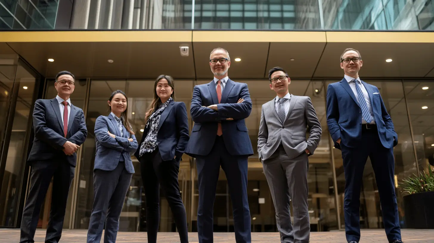 A team of commercial lawyers standing outside their office in Strathfield, Sydney.