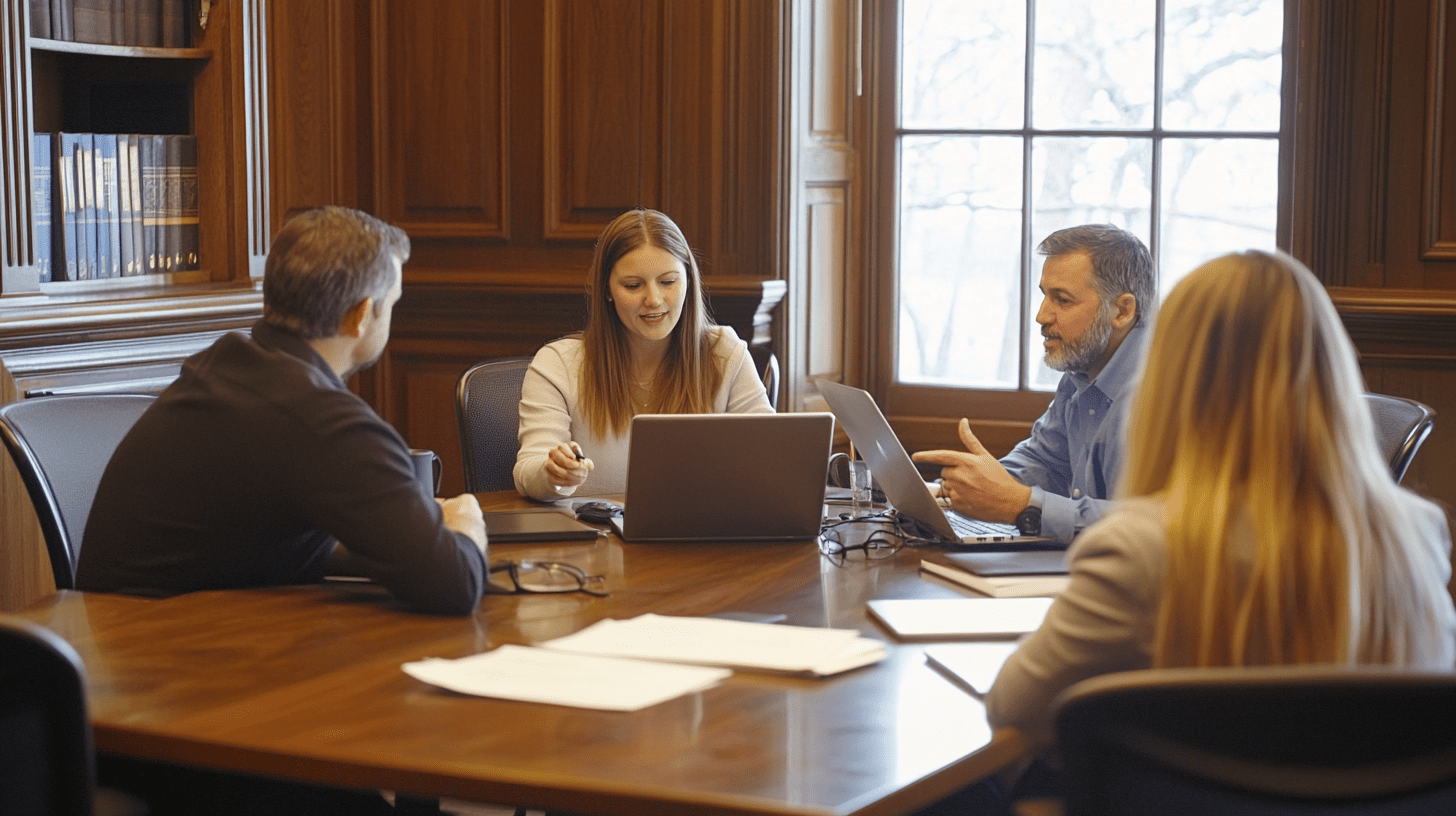 A team of commercial lawyers sitting in a meeting room and discussing SEO in their office in Hawthorn, Melbourne.