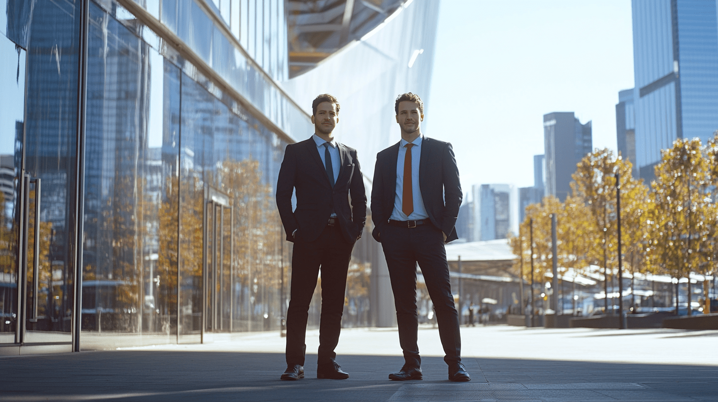 Two commercial lawyers standing in front of the Melbourne convention centre.