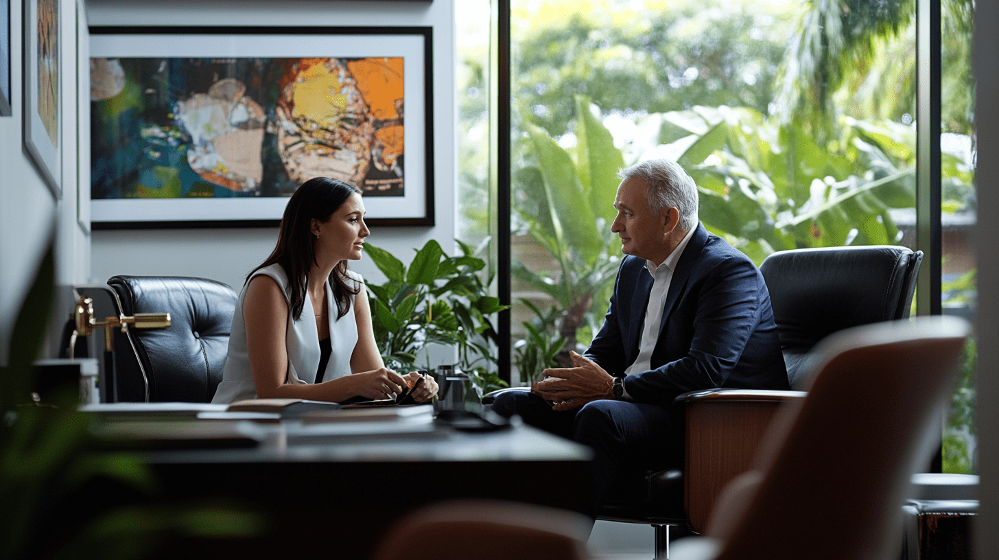 Two commercial lawyers sitting in their office in Palm Cove, Cairns.