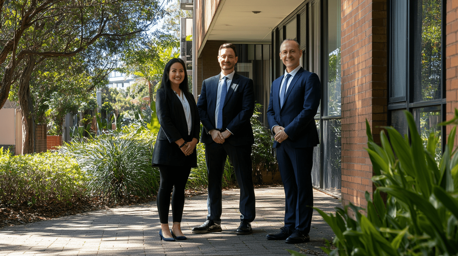Three commercial lawyers standing outside their office in Bondi, Sydney.