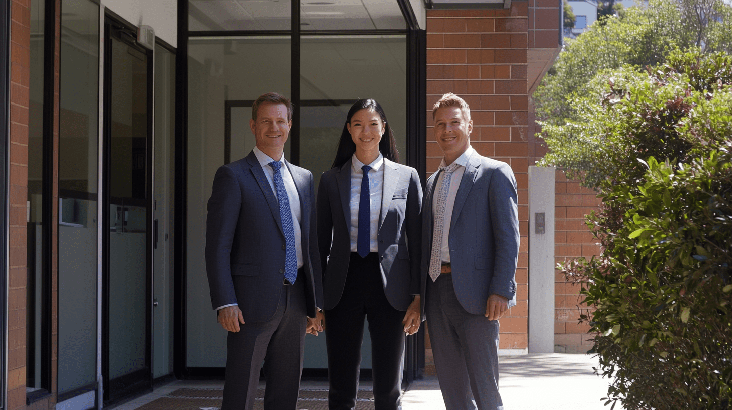 Three commercial lawyers standing outside their office in Chatswood, Sydney.