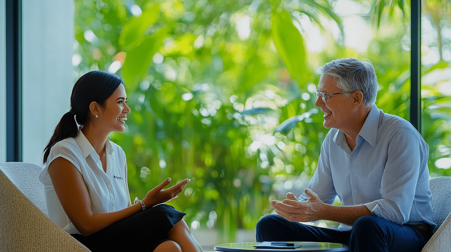 Two commercial lawyers talking about SEO in their office in Earlville, Cairns.