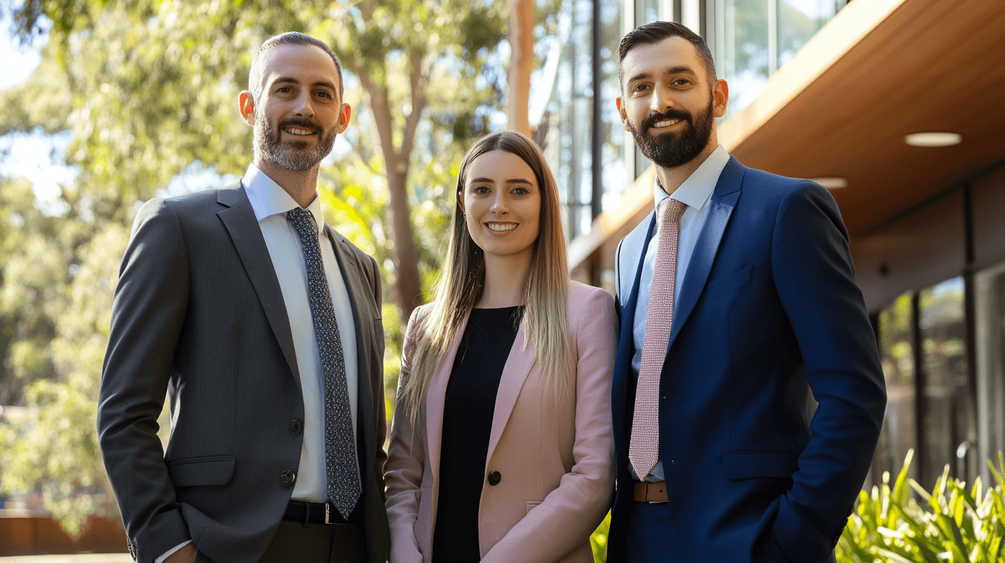 Three commercial lawyers standing out the front of their office in Hornsby, Sydney.