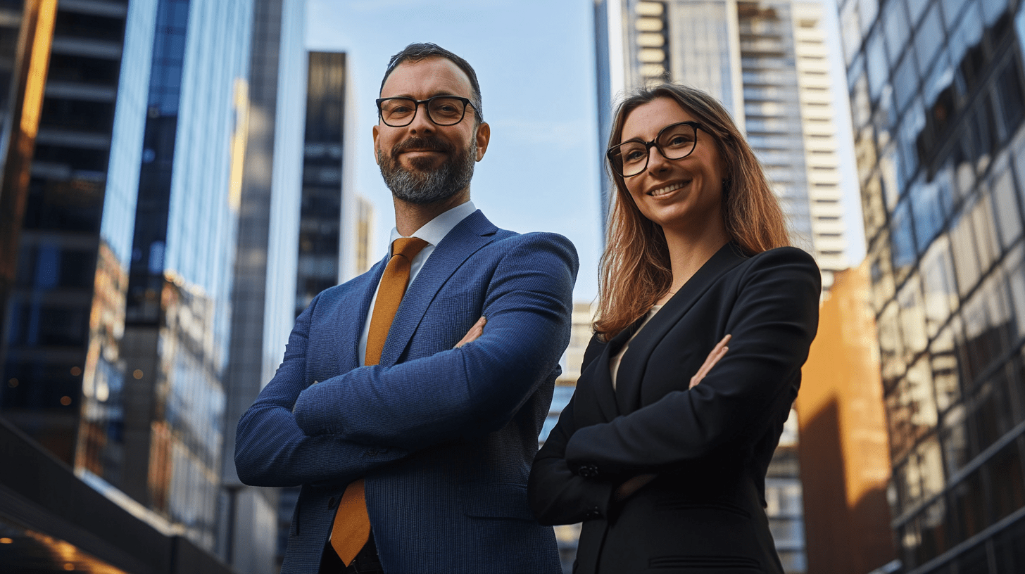 Two commercial lawyers standing in the street in Liverpool, Sydney.