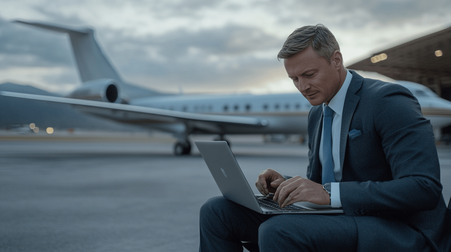 A commercial lawyer working on his SEO on the tarmac at Sydney Airport in Mascot.