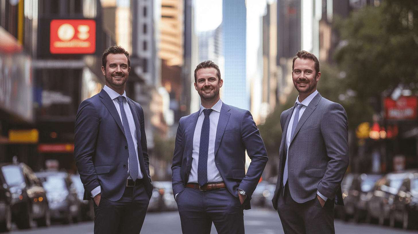Three commercial lawyers standing in the middle of the Melbourne CBD.