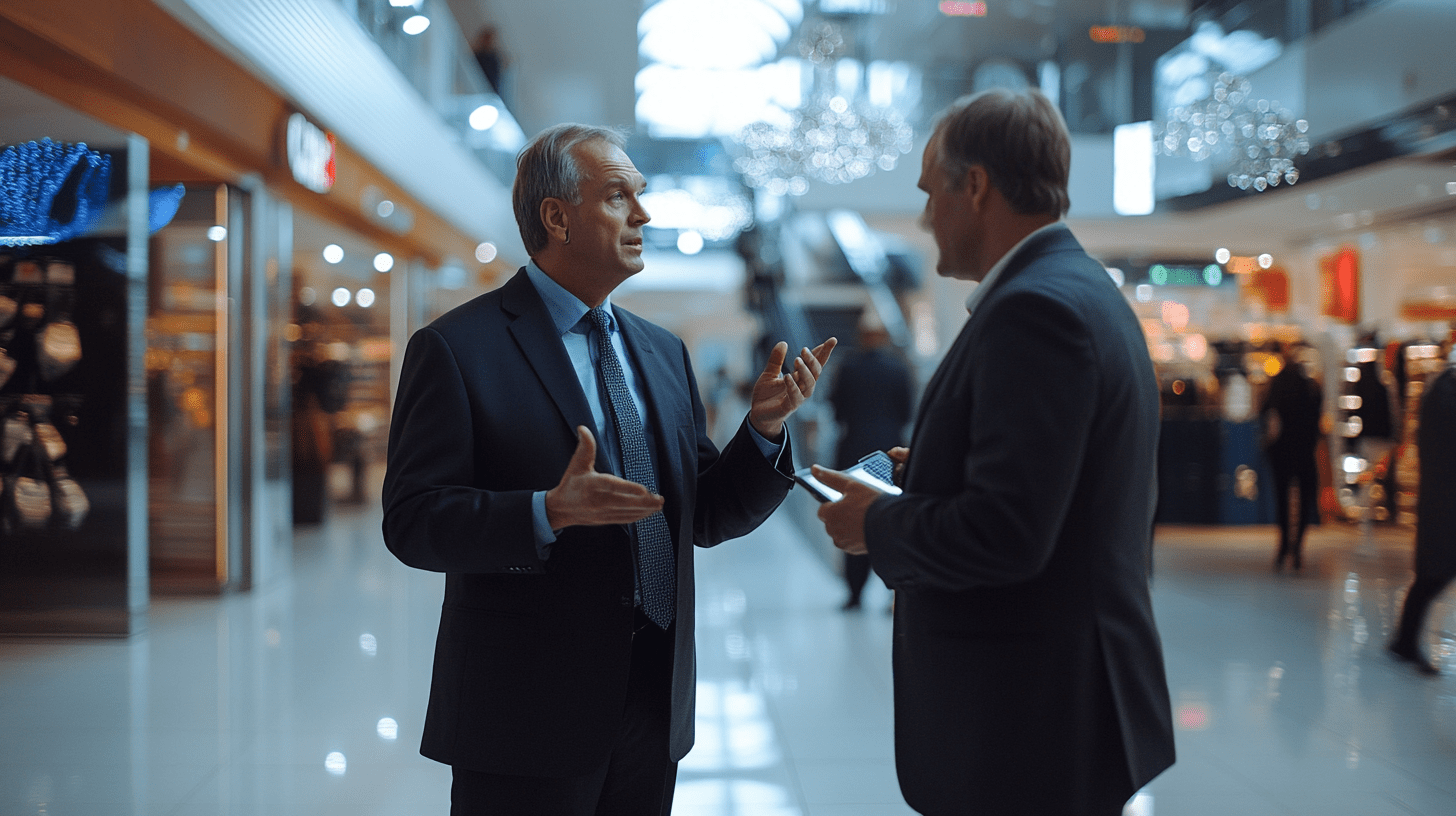 A commercial lawyer talking to his client in a shopping centre in Miranda, Sydney.