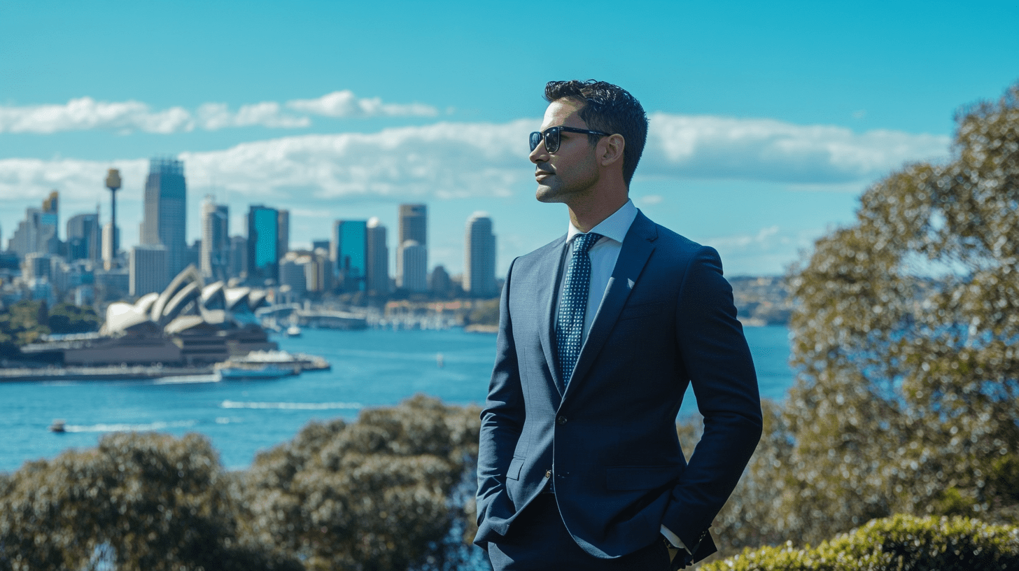 A commercial lawyer in North Sydney with Sydney harbour in the background.