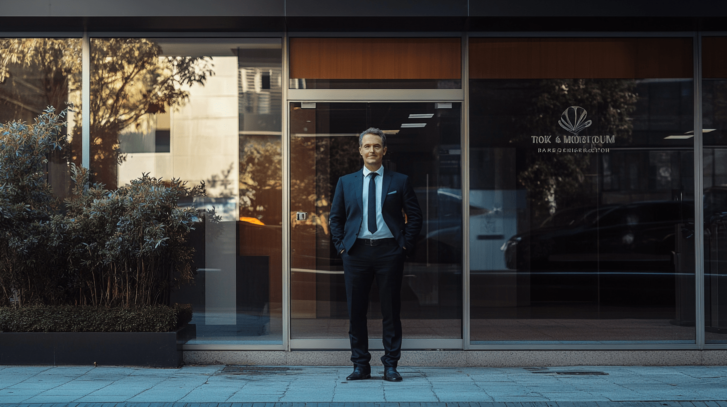 A commercial lawyer standing in front of his office in Penrith, Sydney.