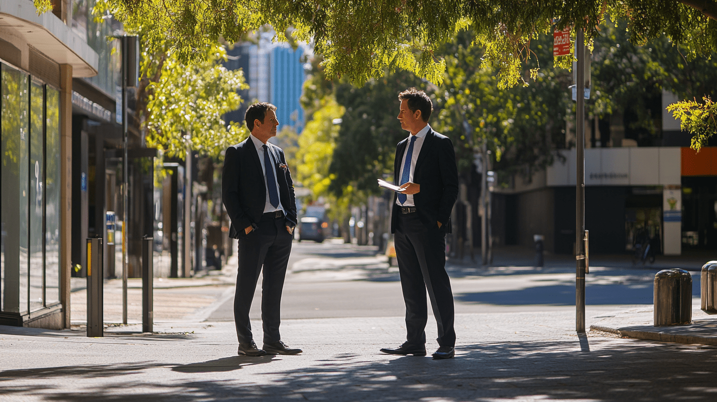 Two commercial lawyers standing in the street in Ryde, Sydney.
