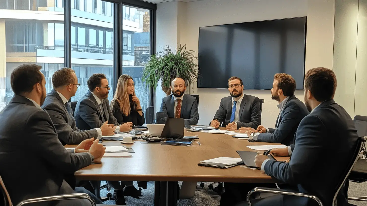 A team of commercial lawyers in a meeting room discussing their SEO in their office in St Leonards, Sydney.