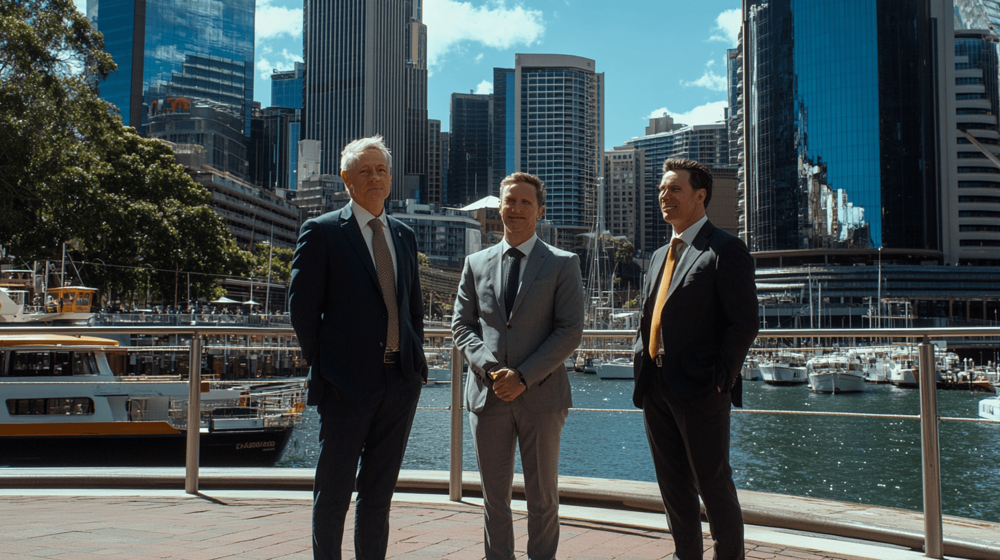 Three commercial lawyers standing at Circular Quay, Sydney.