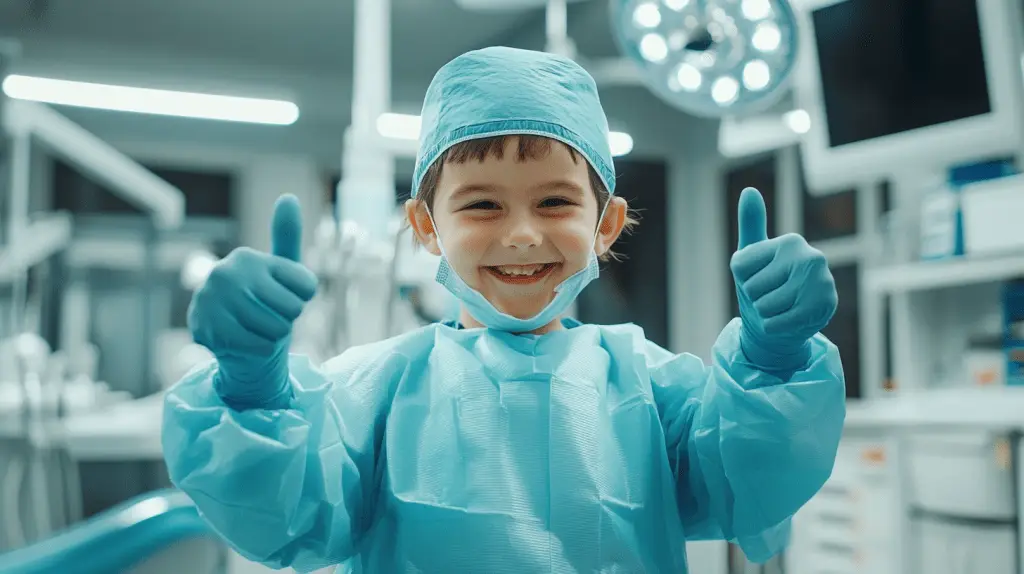 A young boy dressed up as a dentist standing in a clinic giving two thumbs up.
