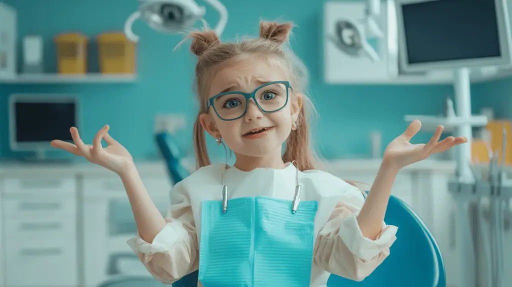 A young girl dressed as a dentist and shrugging her shoulders.