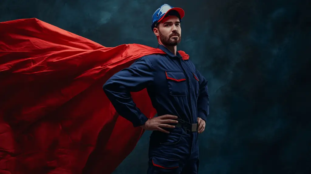 An electrician wearing his uniform and a superhero cape.